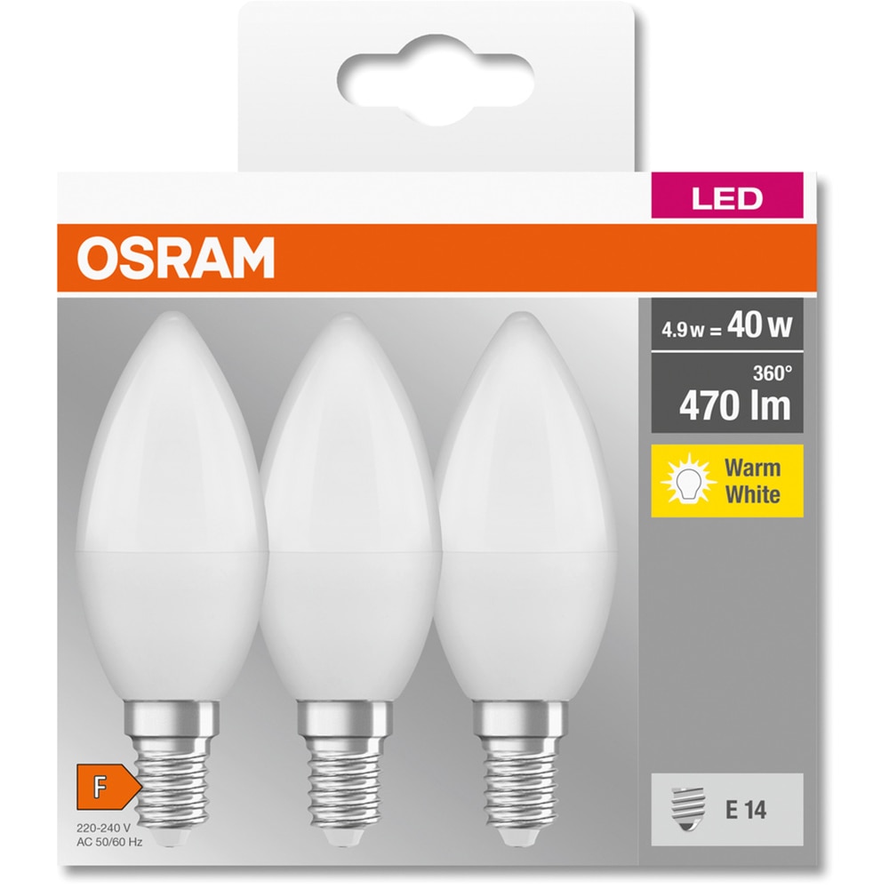 Set 3 becuri LED OSRAM, E14, 4.9W, 470lm, lumina calda