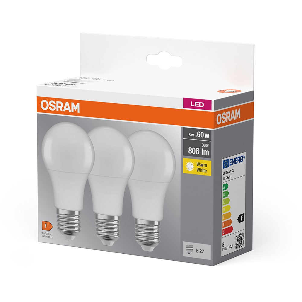Set 3 becuri LED OSRAM, E27, 8W, 806lm, lumina calda