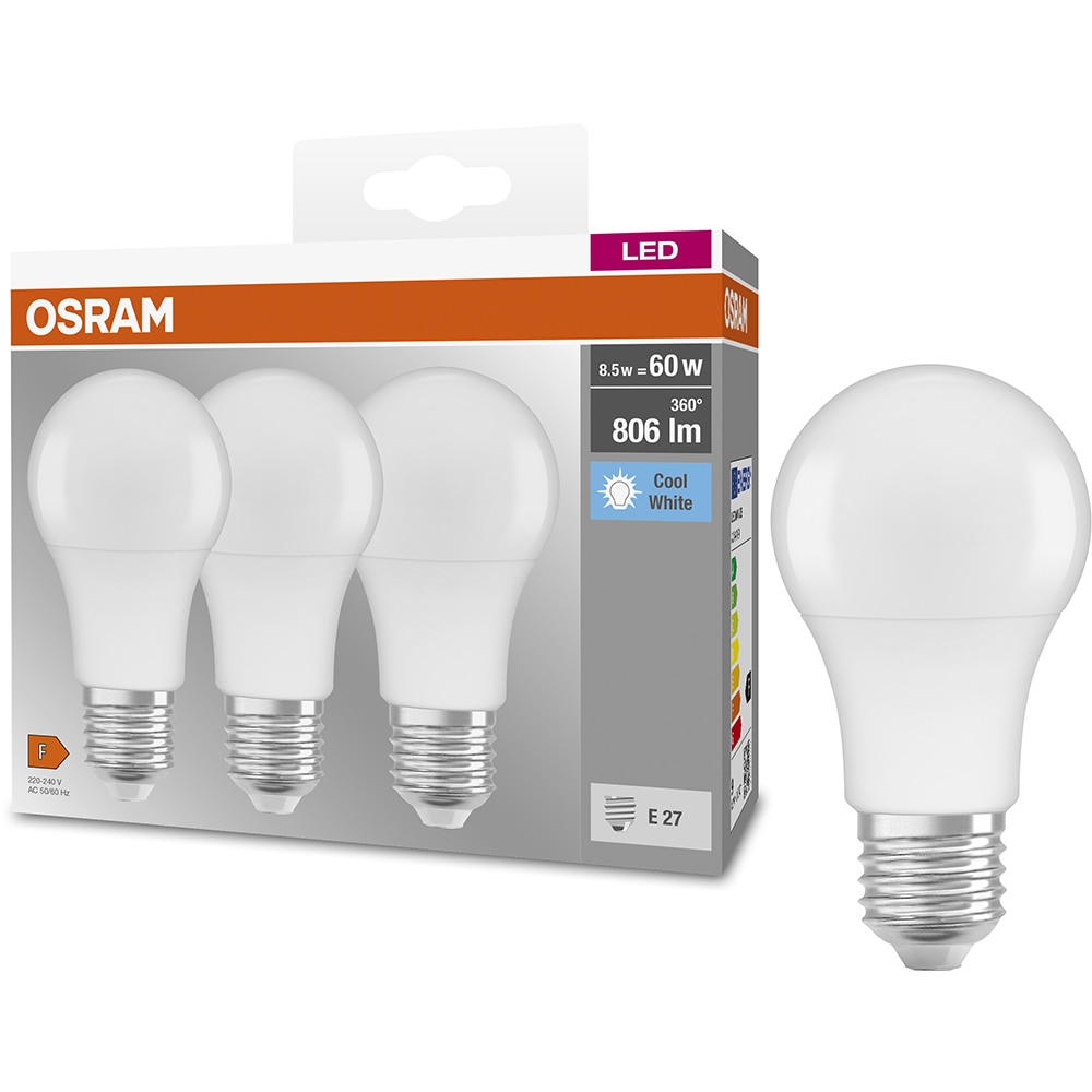 Set 3 becuri LED OSRAM, E27, 8.5W, 806lm, lumina neutra