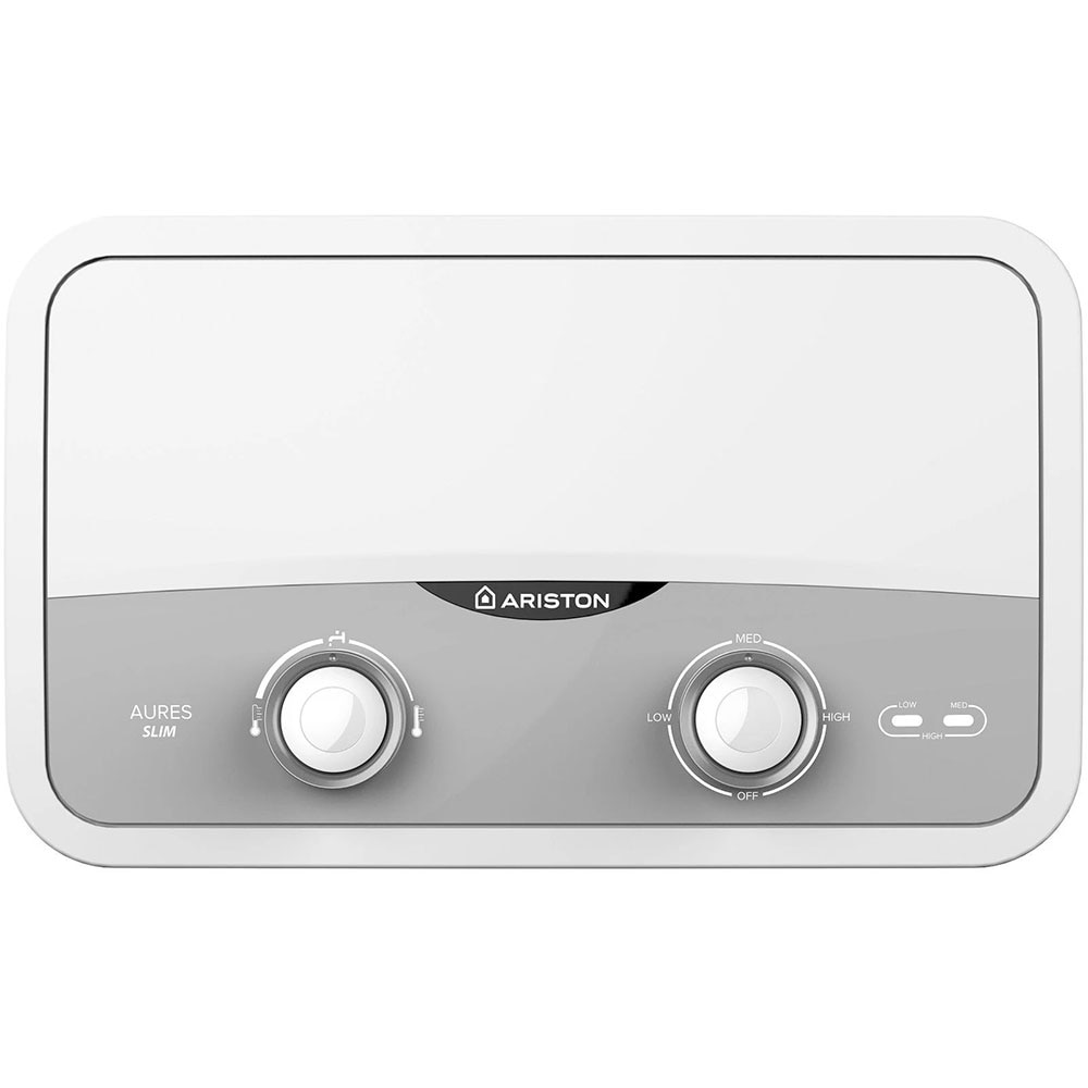 Instant apa calda electric ARISTON Aures Slim Flow, 3.9 l/min, 5500W, IP25, Limitator dublu termic, alb-gri