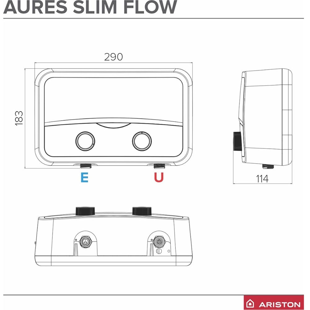 Instant apa calda electric ARISTON Aures Slim Flow, 3.9 l/min, 5500W, IP25, Limitator dublu termic, alb-gri