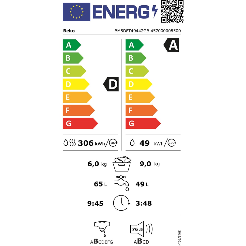 Masina de spalat rufe frontala cu uscator BEKO BM5DFT49442GB, SteamCure, 9/6 kg, 1400rpm, Clasa A/D, gri