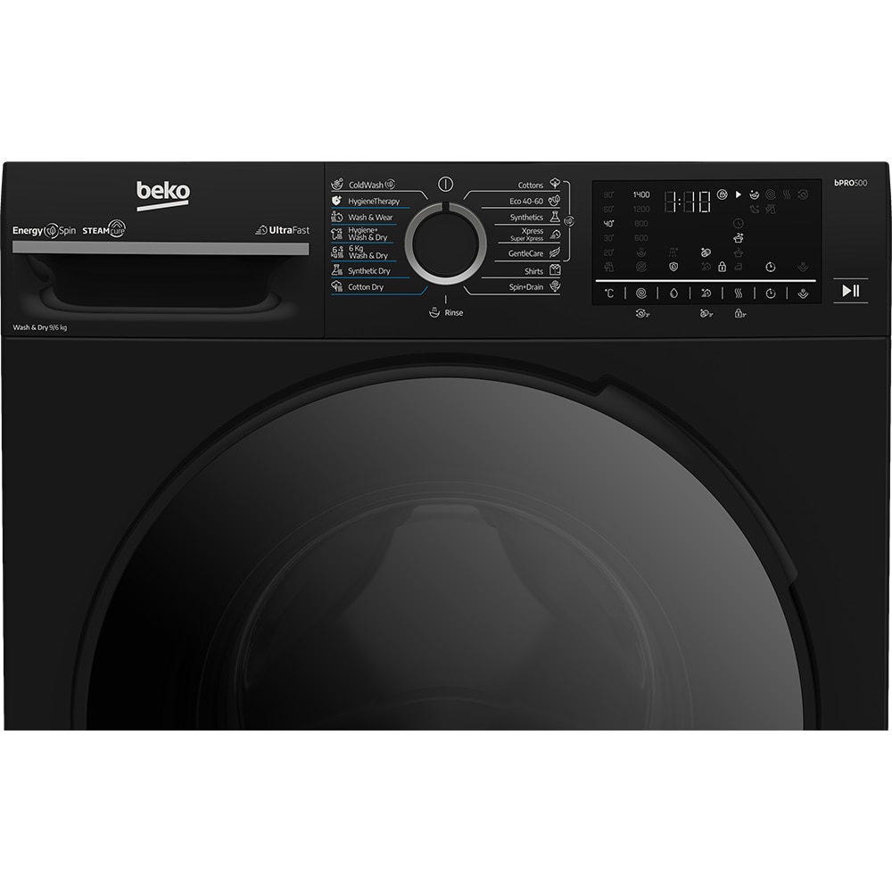 Masina de spalat rufe frontala cu uscator BEKO BM5DFT49442PB, SteamCure, 9/6 kg, 1400 rpm, Clasa A/D, negru