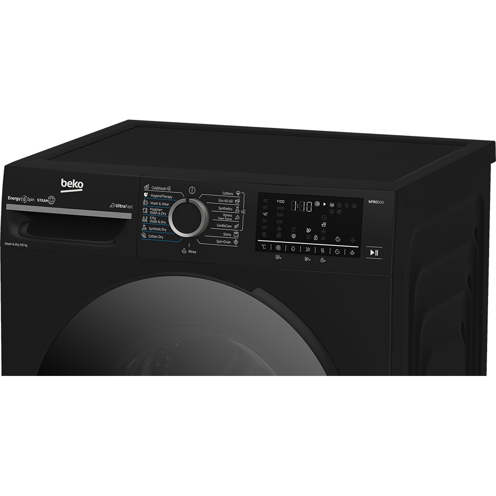 Masina de spalat rufe frontala cu uscator BEKO BM5DFT49442PB, SteamCure, 9/6 kg, 1400 rpm, Clasa A/D, negru