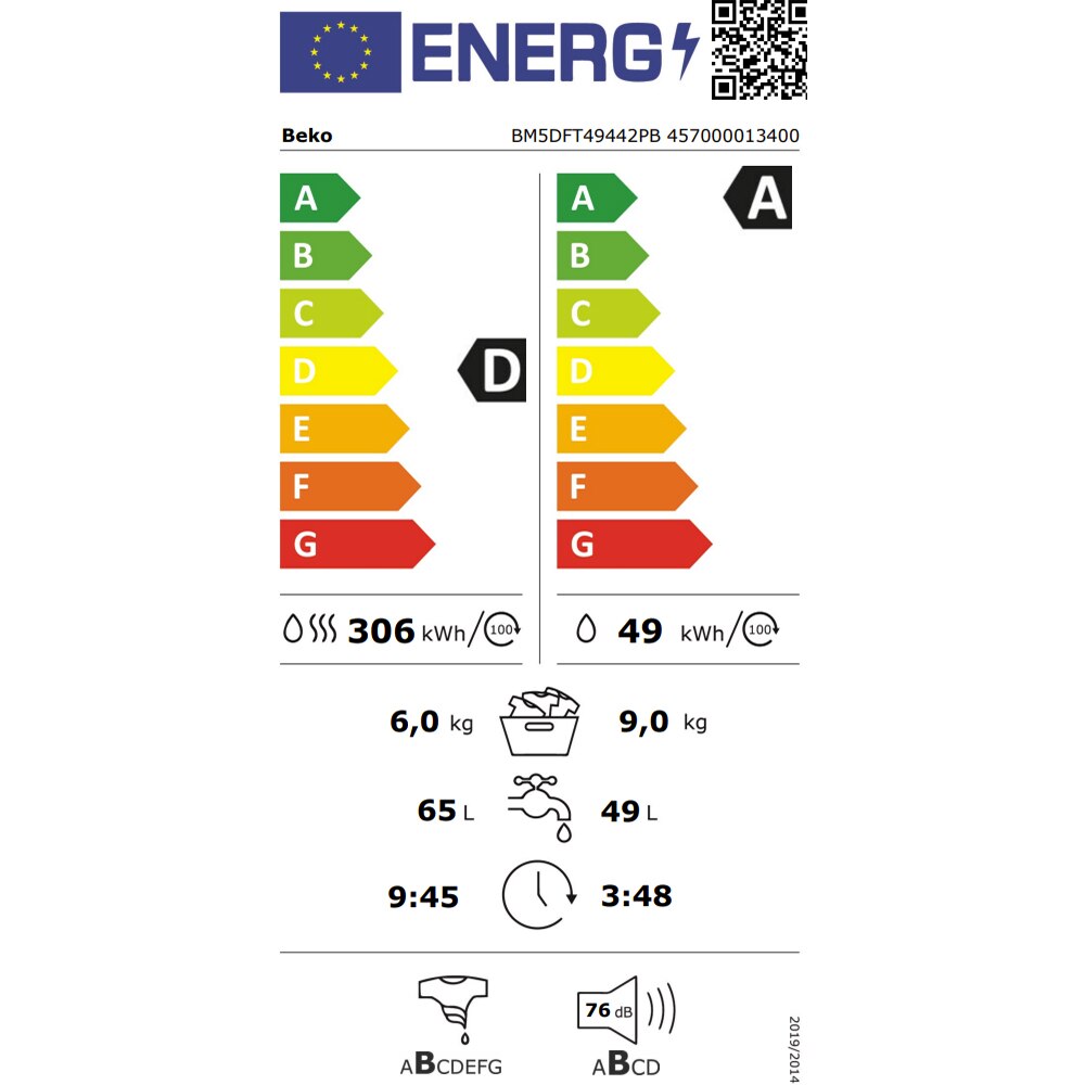 Masina de spalat rufe frontala cu uscator BEKO BM5DFT49442PB, SteamCure, 9/6 kg, 1400 rpm, Clasa A/D, negru