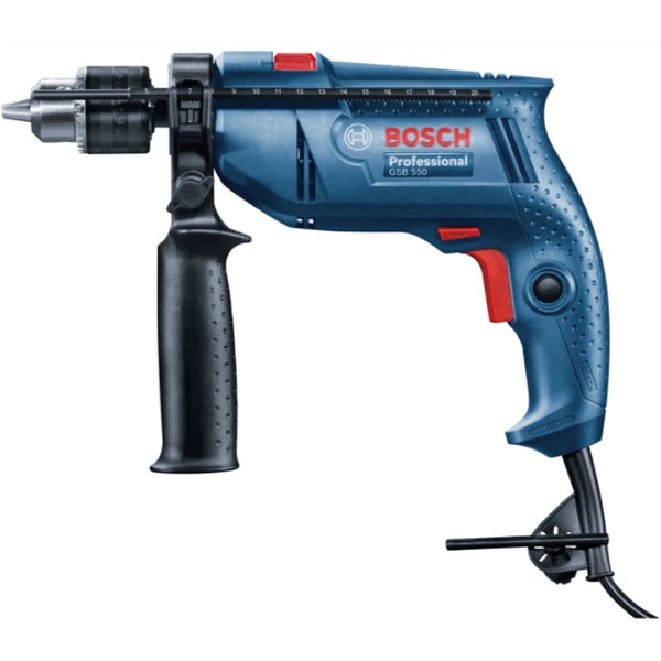 Masina de gaurit si insurubat (bormasina) cu percutie BOSCH Professional GSB 550 06011A1023, 550W, 2800RPM, mandrina dintata 13mm, maner suplimentar