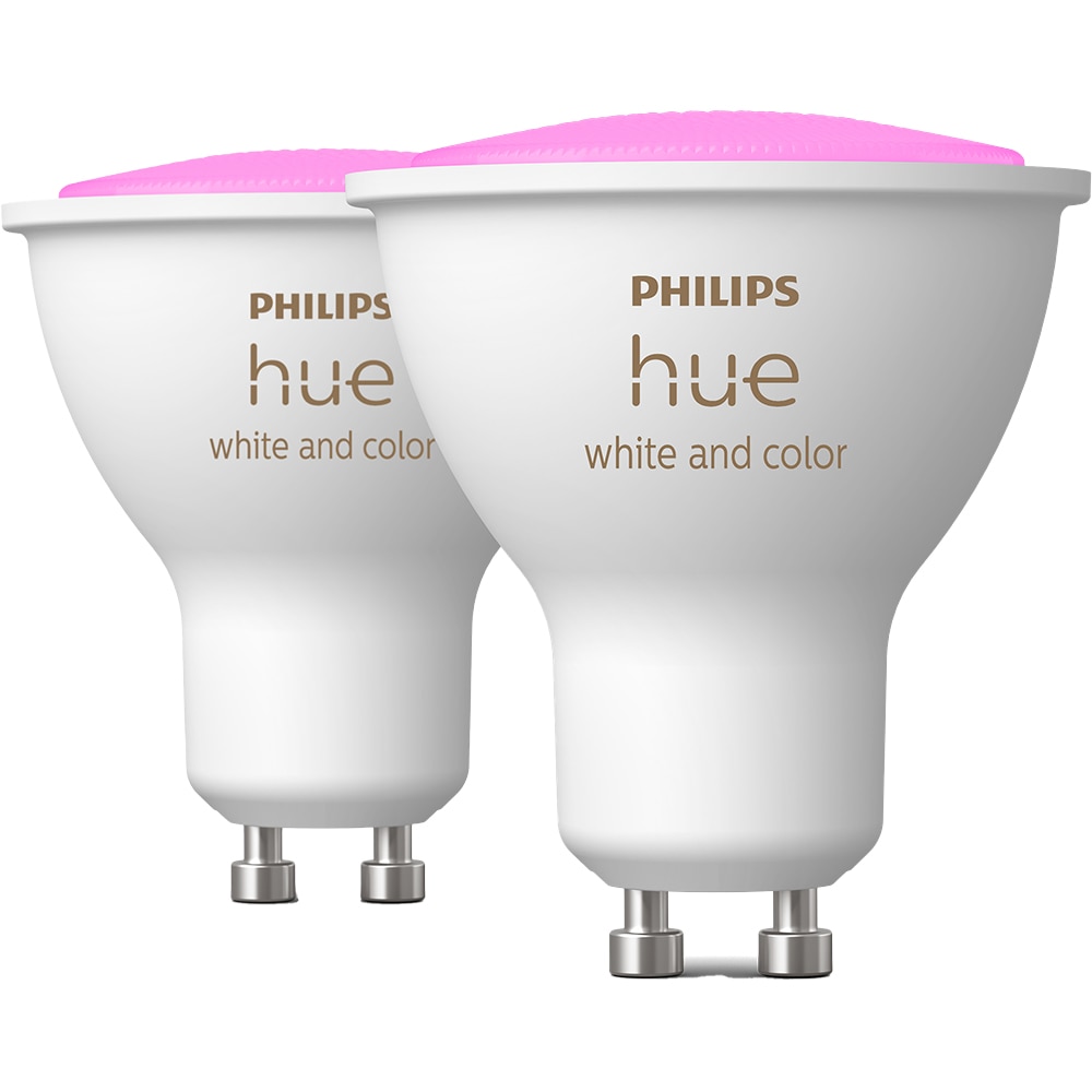 Set 2 becuri LED PHILIPS HUE, GU10, 5W, 350 lm, Wi-Fi, lumina variabila, compatibil Alexa, Google Assistant