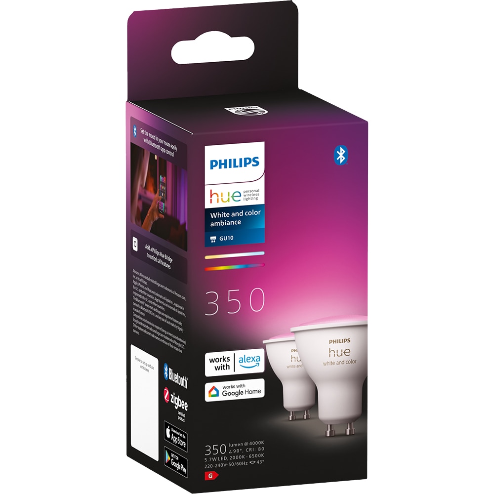 Set 2 becuri LED PHILIPS HUE, GU10, 5W, 350 lm, Wi-Fi, lumina variabila, compatibil Alexa, Google Assistant