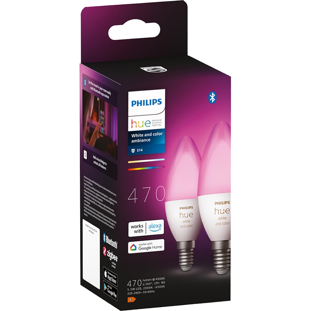 Set 2 becuri LED PHILIPS HUE, E14, 4W, 470 lm, Wi-Fi, lumina variabila, compatibil Alexa, Google Assistant