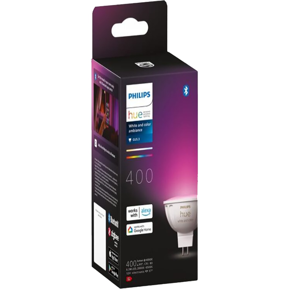 Bec LED PHILIPS HUE, GU5.3, 6.3W, 400 lm, Wi-Fi, lumina variabila, compatibil Alexa, Google Assistant