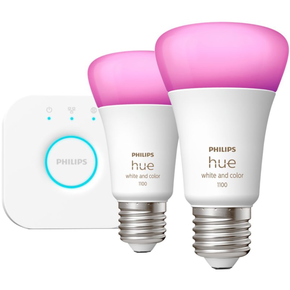 Kit 2 becuri LED PHILIPS Hue 8719514291492, 9W (75W), E27, Lumina RGB + Bridge