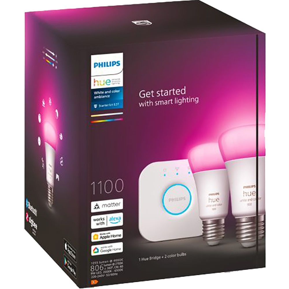 Kit 2 becuri LED PHILIPS Hue 8719514291492, 9W (75W), E27, Lumina RGB + Bridge