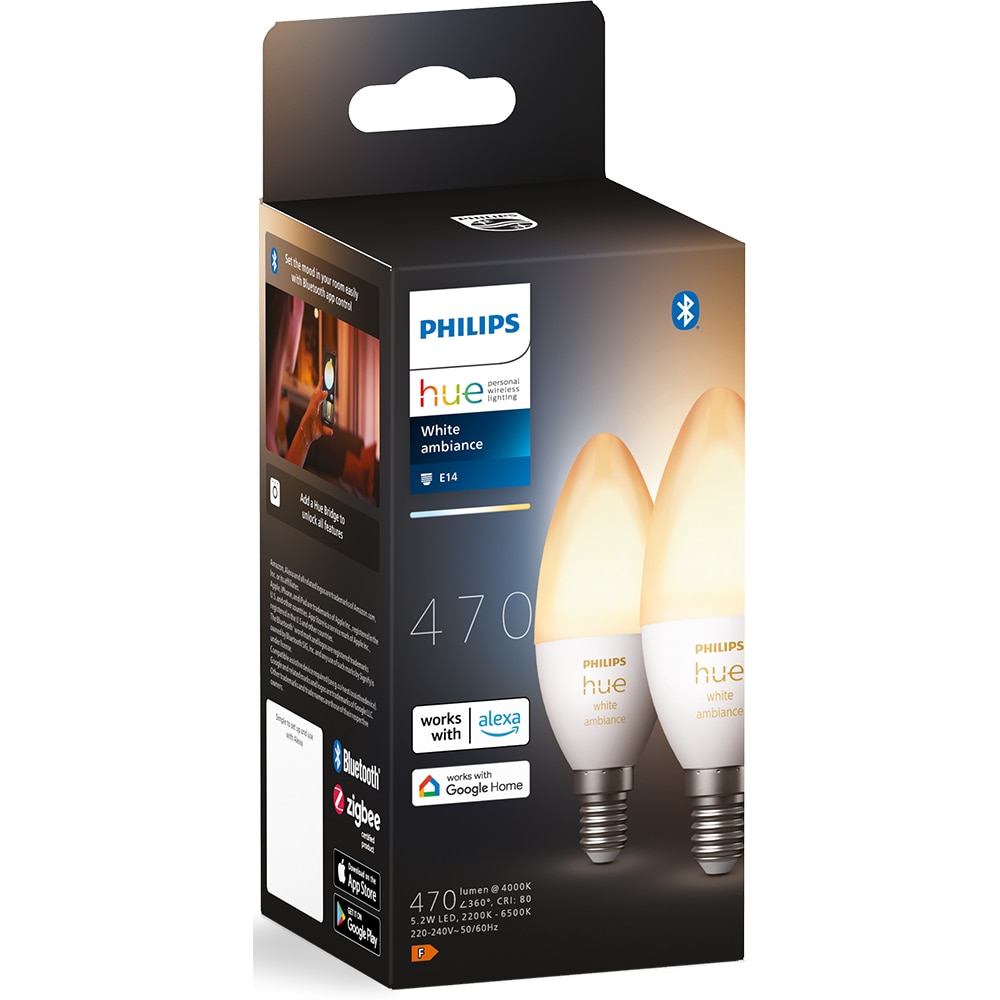 Set 2 becuri LED PHILIPS HUE, E14, 5.2W, 470lm, Wi-Fi, lumina variabila, compatibil Alexa, Google Assistant
