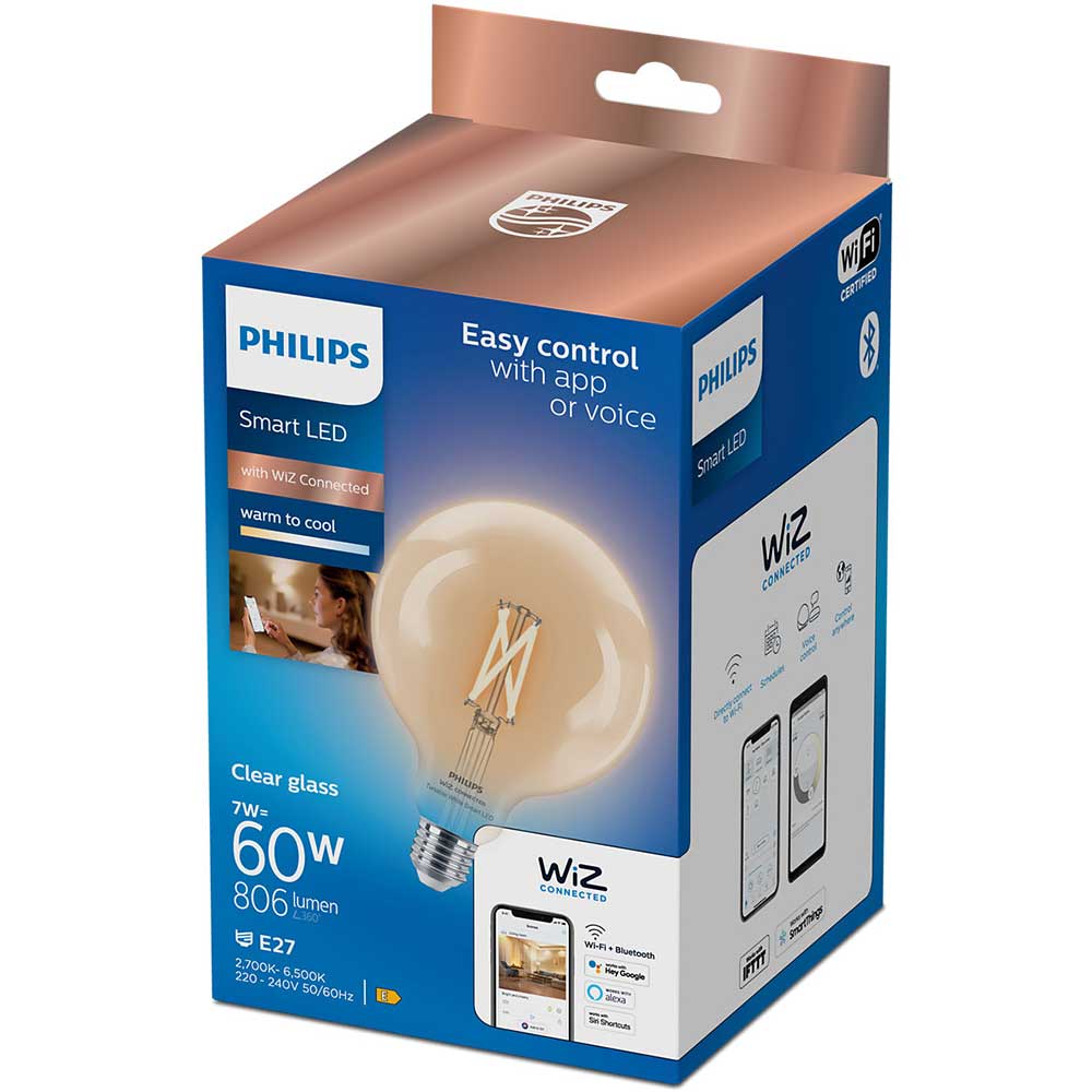 Bec LED Smart Vintage PHILIPS G125, E27, 7W, 806 lm, Bluetooth, Dimabil, Wi-Fi, lumina variabila, compatibil Alexa, Google Assistant