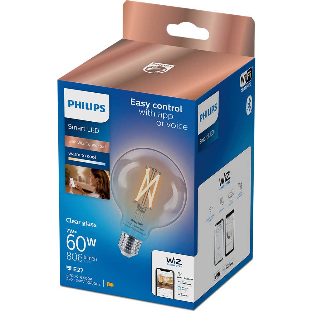 Bec LED Smart Vintage PHILIPS G95, E27, 7W, 806 lm, Bluetooth, Dimabil, Wi-Fi, lumina variabila, compatibil Alexa, Google Assistant