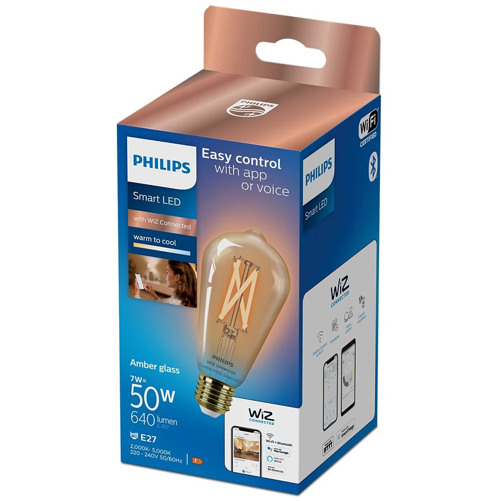 Bec LED Smart PHILIPS 8719514372269, E27, 7W, 640lm, Wi-Fi, lumina variabila, compatibil Alexa, Google Assistant