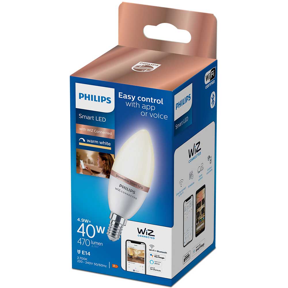 Bec LED Smart PHILIPS C37, E14, 4.9W, 470 lm, Bluetooth, Dimabil, Wi-Fi, lumina alba, compatibil Alexa, Google Assistant