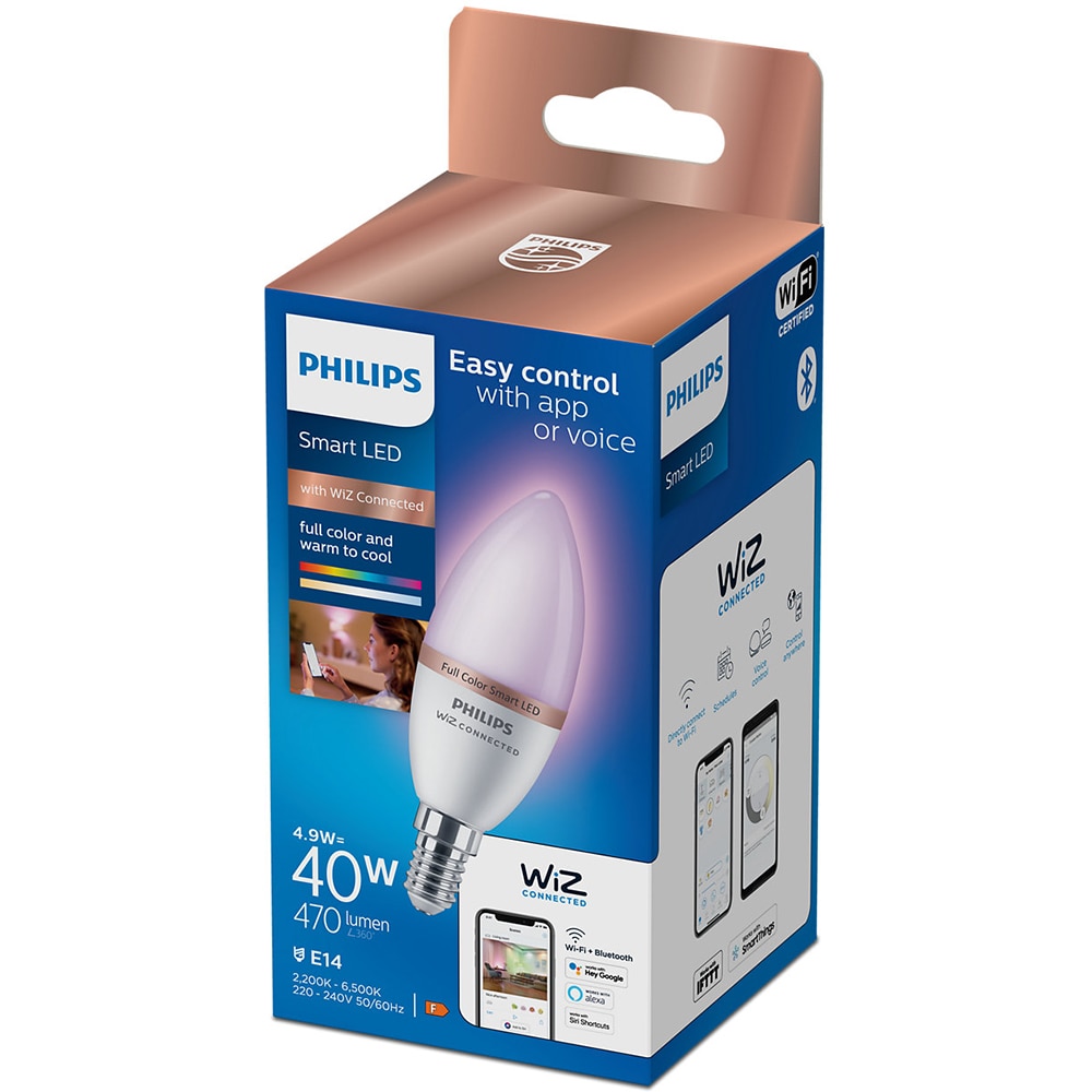 Bec LED Smart PHILIPS C37, E14, 4.9W, 470lm, Wi-Fi, lumina variabila, compatibil Alexa, Google Assistant