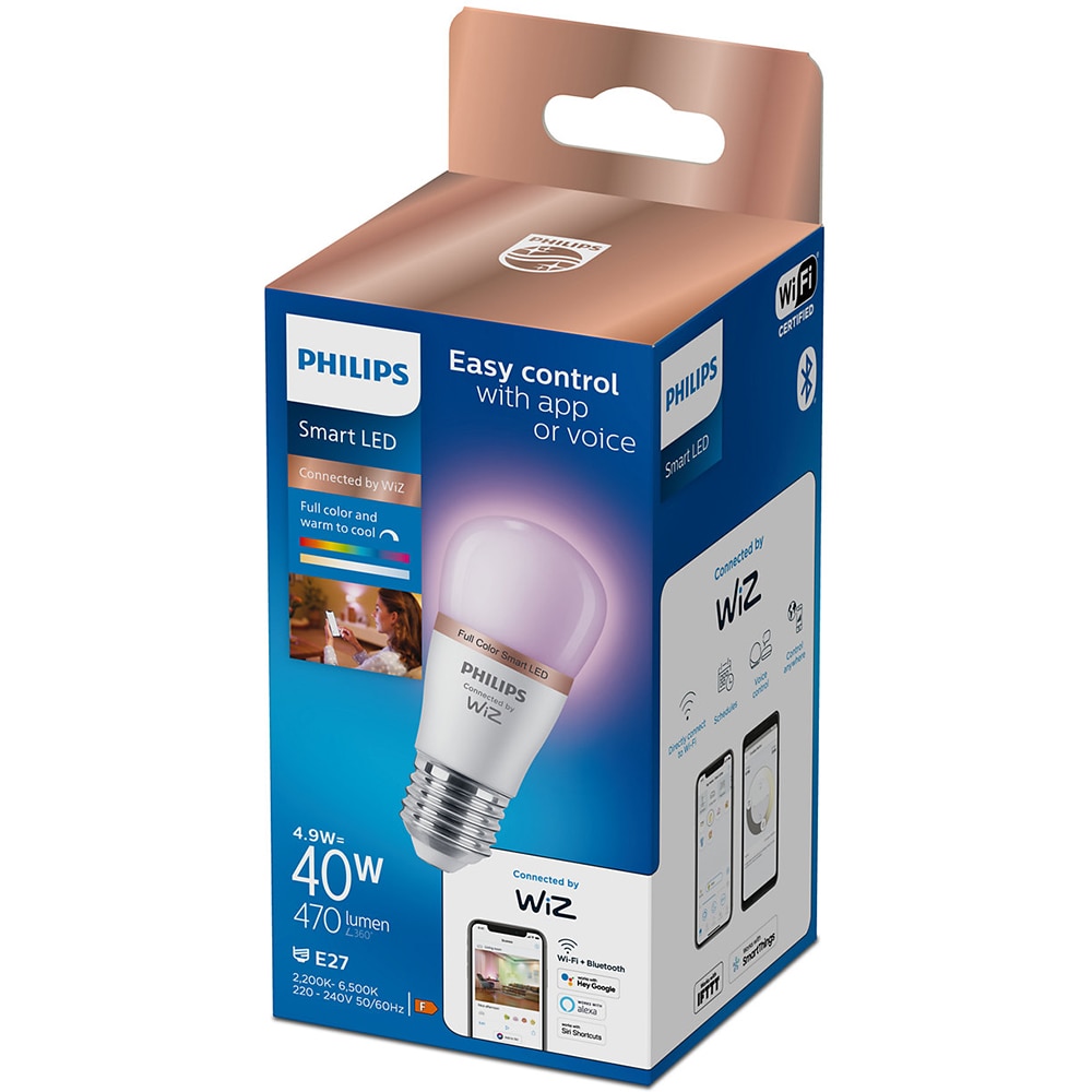 Bec LED Smart PHILIPS 8719514437395, E27, 4.9W, 470lm, Wi-Fi, lumina variabila, compatibil Alexa, Google Assistant