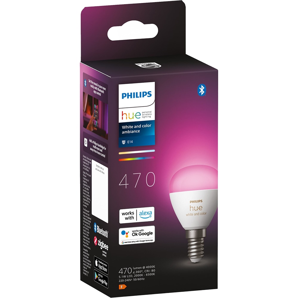 Bec LED Smart PHILIPS Hue 8719514491229, E14, 5.1W, 470lm, Wi-Fi, lumina variabila, compatibil Alexa, Google Assistant