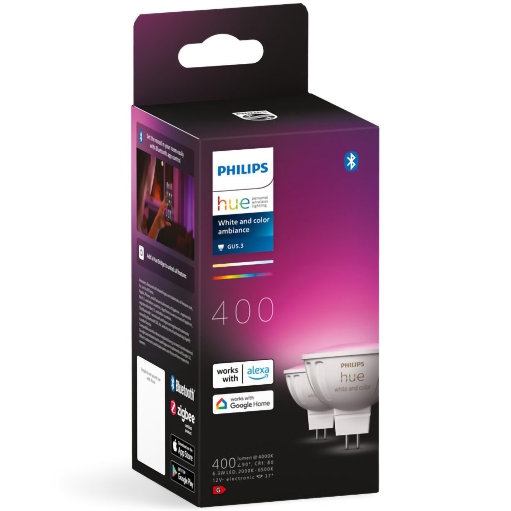 Set 2 becuri LED PHILIPS HUE, GU5.3, 6.3W, 400lm, Wi-Fi, lumina variabila, compatibil Alexa, Google Assistant