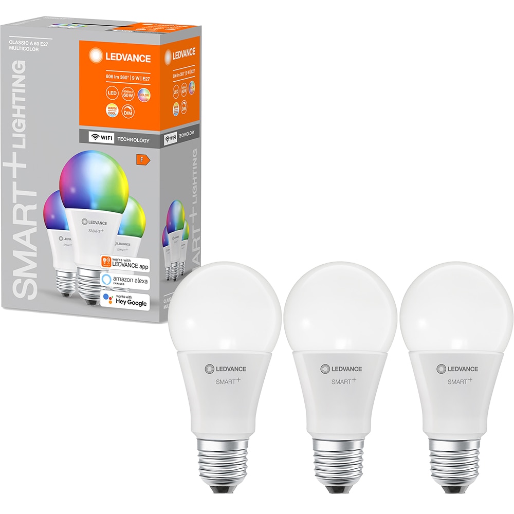 Set 3 becuri LED Smart LEDVANCE Classic 60, E27, 9W, 806lm, Wi-Fi, RGB