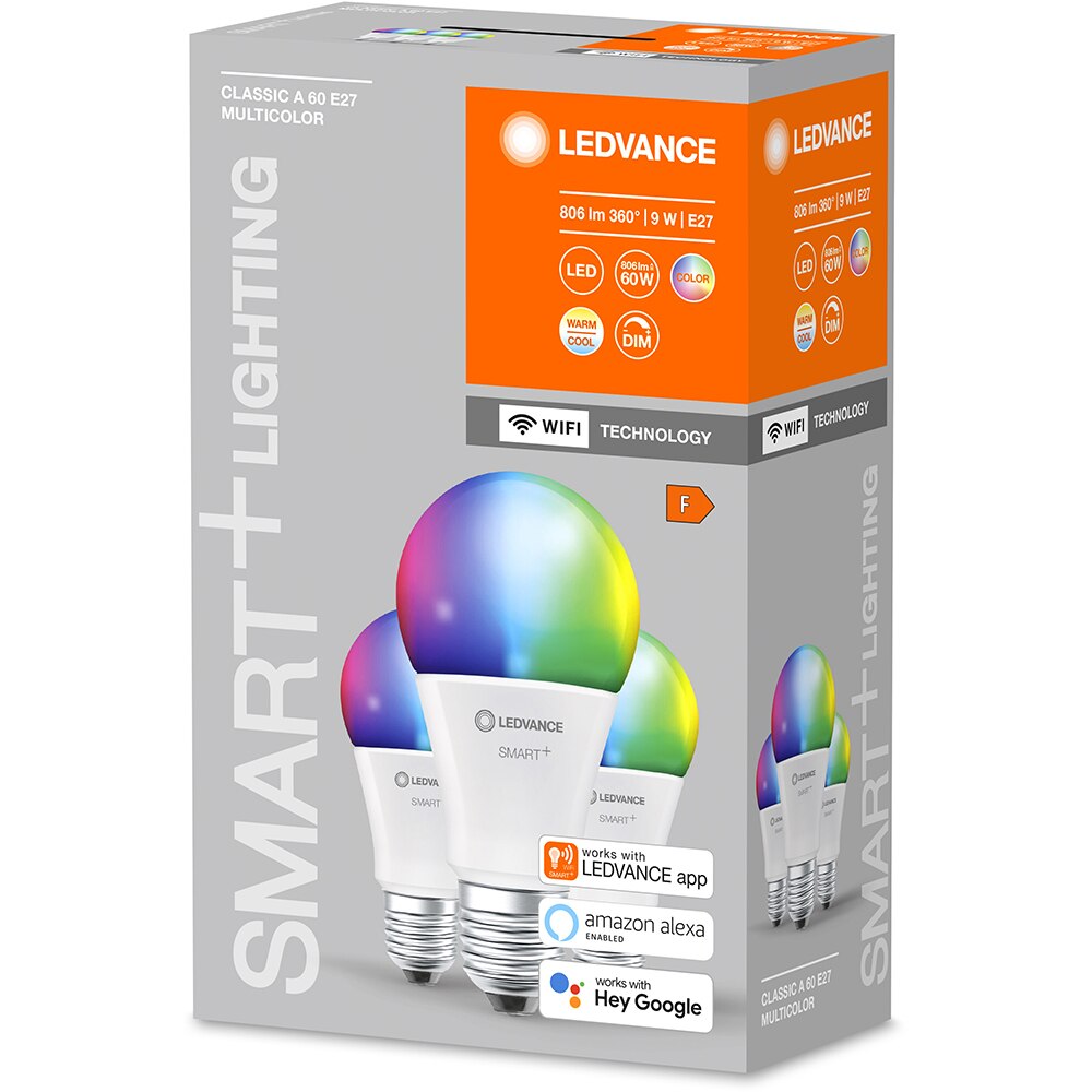 Set 3 becuri LED Smart LEDVANCE Classic 60, E27, 9W, 806lm, Wi-Fi, RGB