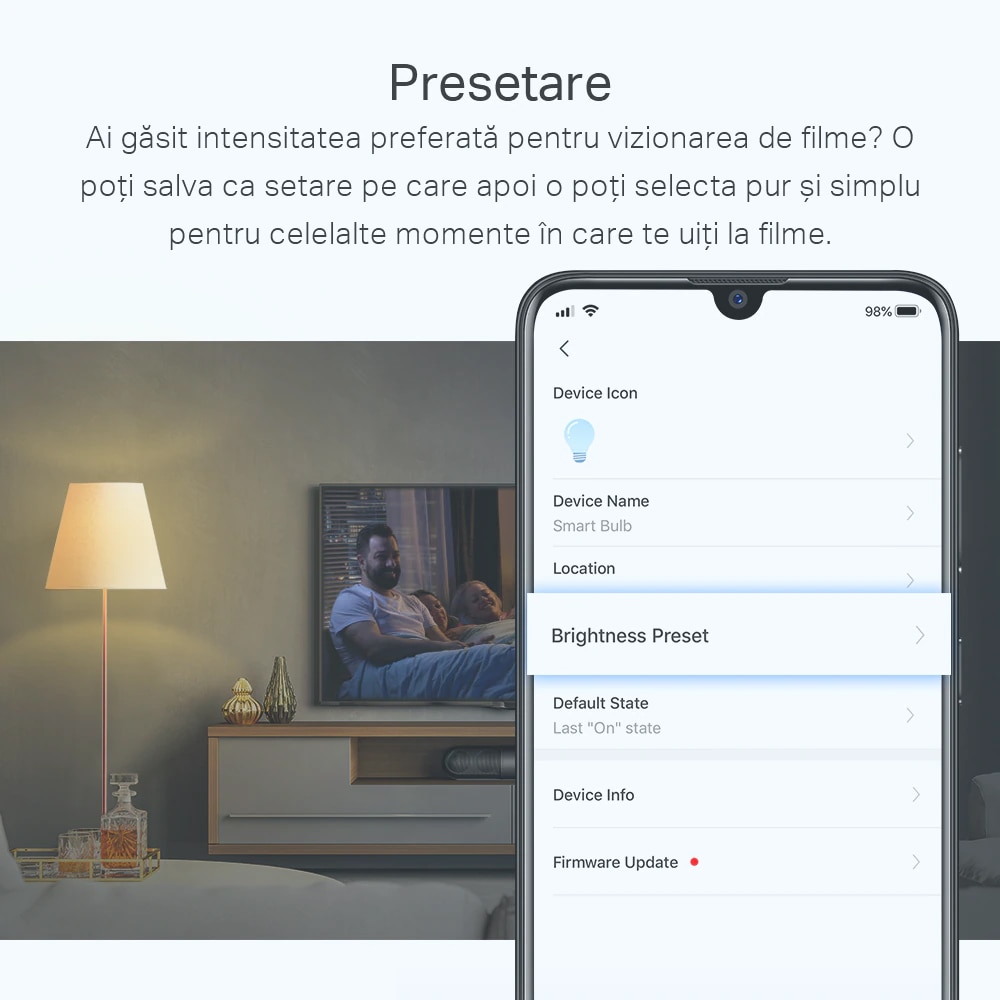 Bec LED Smart TP-LINK Tapo L510E, E27, 8.7W, 806lm, Wi-Fi, Dimabil, lumina calda, compatibil Alexa, Google Assistant