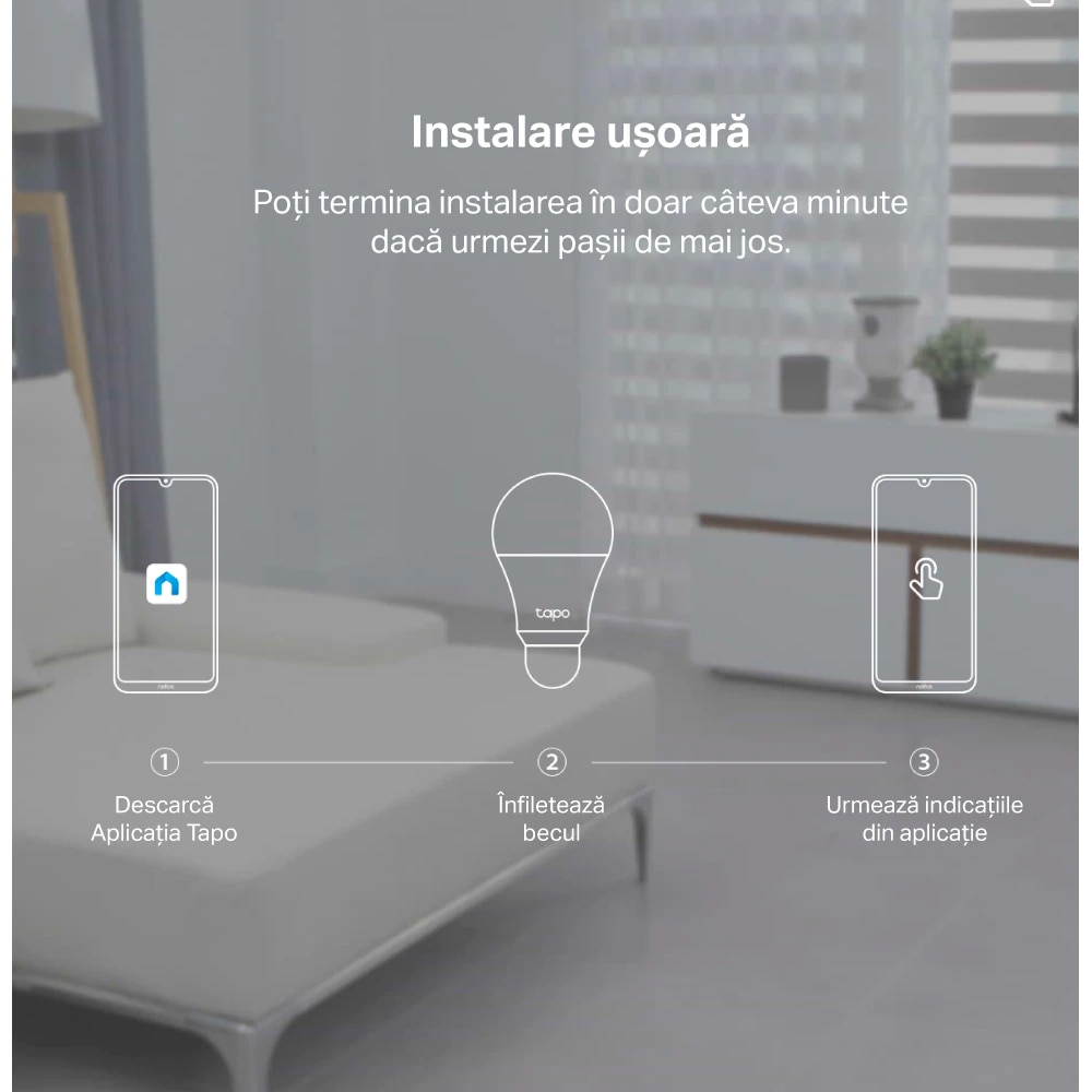 Bec LED Smart TP-LINK Tapo L510E, E27, 8.7W, 806lm, Wi-Fi, Dimabil, lumina calda, compatibil Alexa, Google Assistant