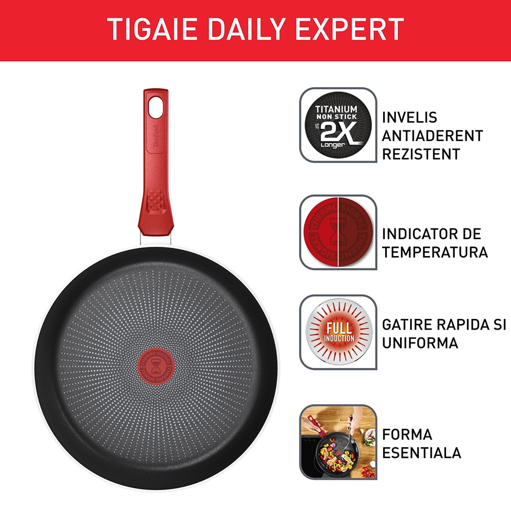 Tigaie TEFAL Daily Expert, 24 cm, aluminiu, Thermo-Signal, invelis antiaderent, rosu