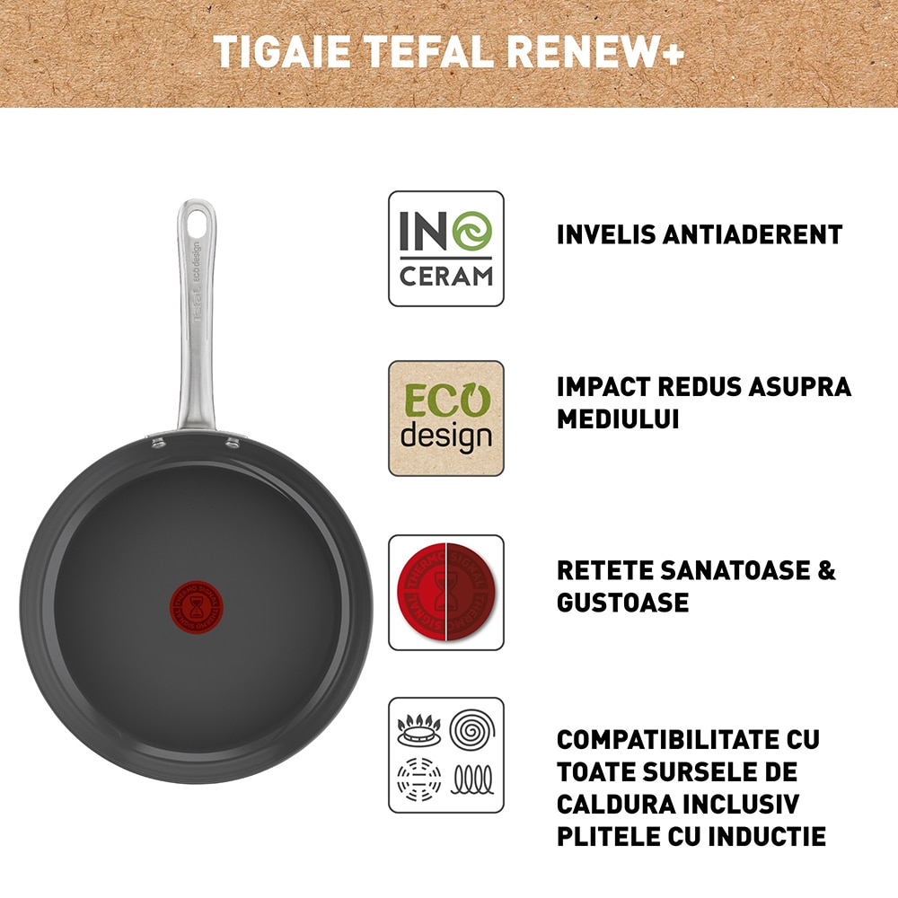 Tigaie TEFAL Renew+, 24 cm, aluminiu reciclat, Thermo-Signal, invelis ceramic, gri