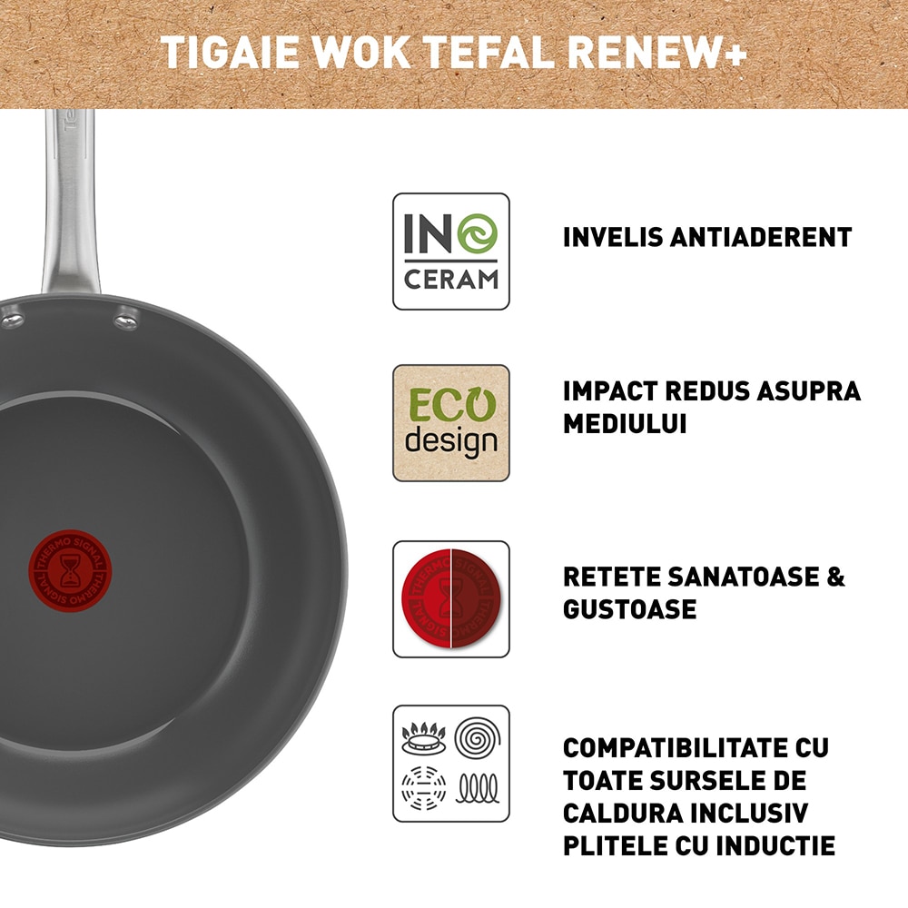 Tigaie TEFAL Renew+, 28 cm, aluminiu reciclat, Thermo-Signal, invelis ceramic, gri