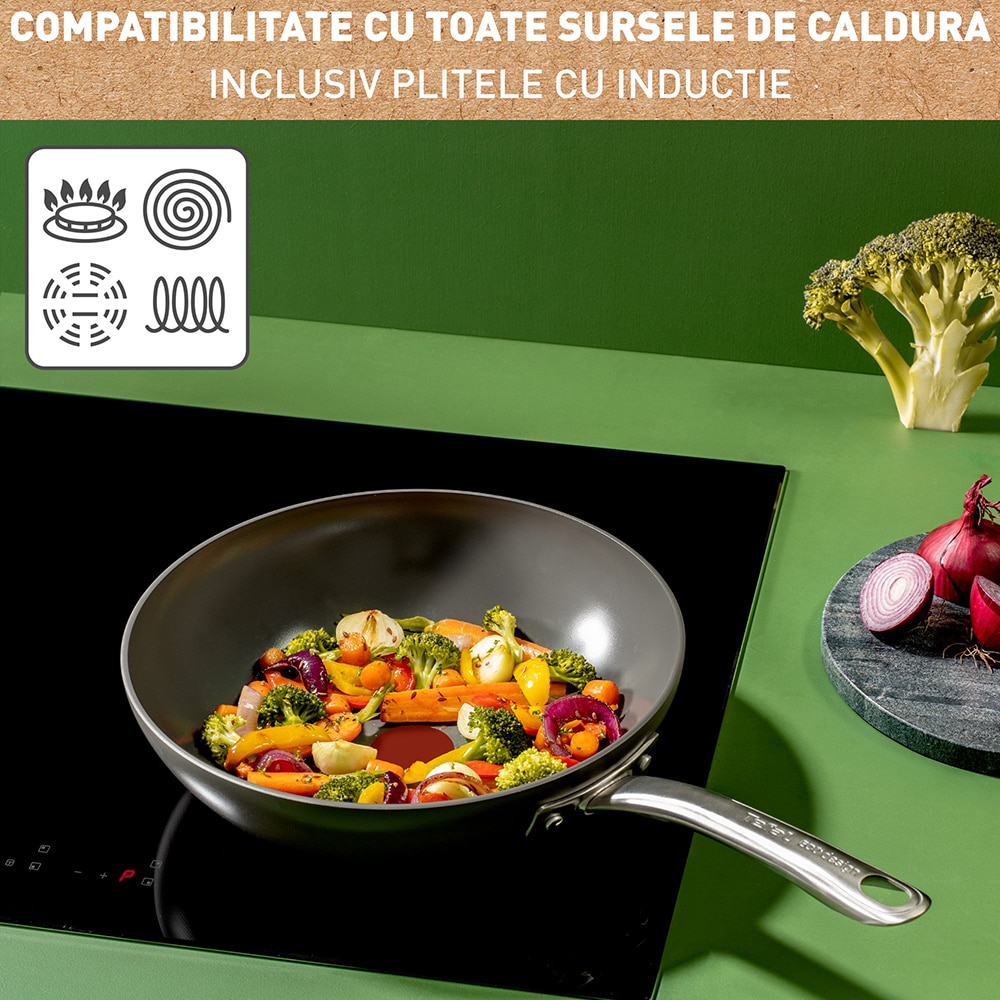 Tigaie TEFAL Renew+, 28 cm, aluminiu reciclat, Thermo-Signal, invelis ceramic, gri
