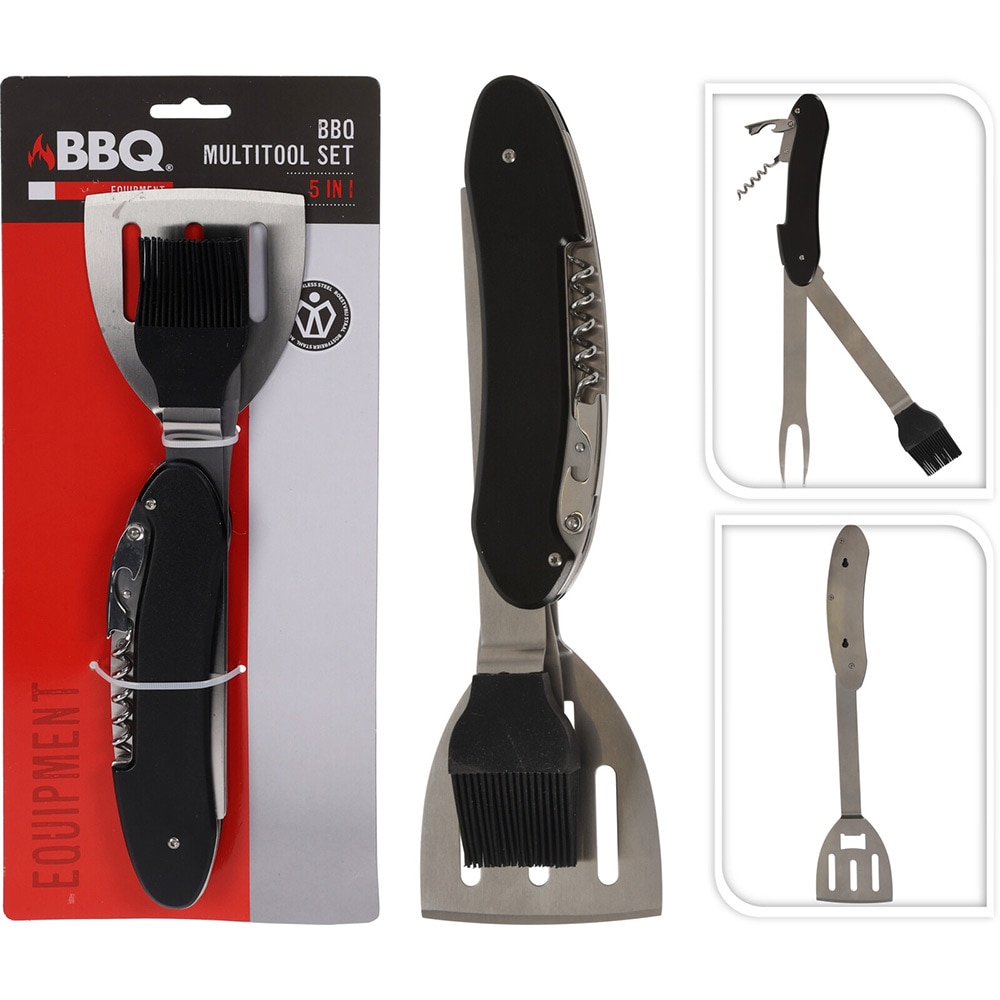 Set multifunctional gratar BBQ Line, otel inoxidabil, manere PP negre, 5 piese