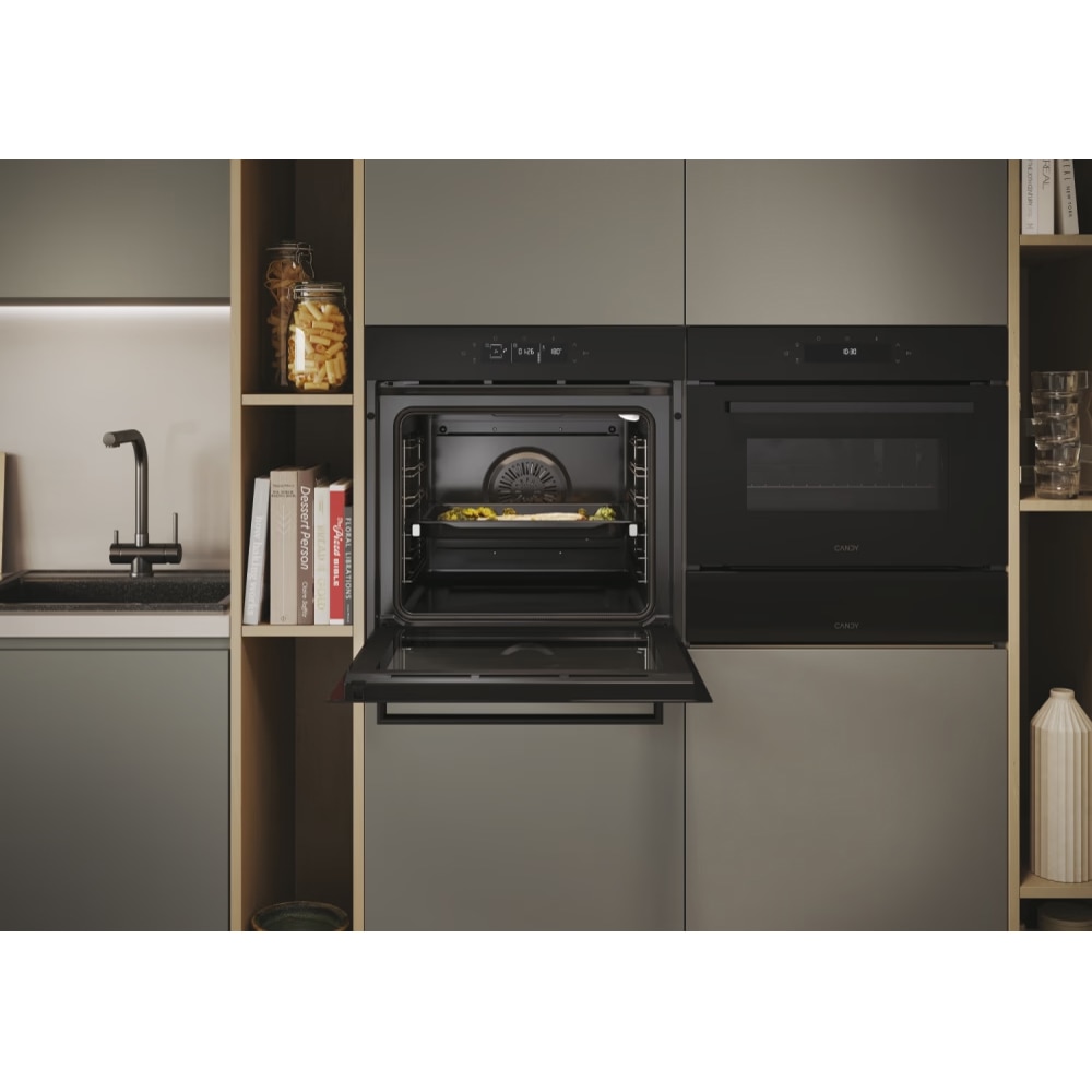 Cuptor incorporabil CANDY Bake 800 CA6 N5G3YTB, Electric, Autocuratare pirolitica + hidrolitica, 78 l, Clasa A++, Wi-Fi, negru