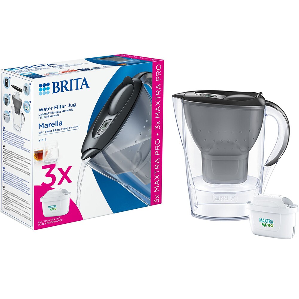 Cana filtranta BRITA Marella + 3 filtre Maxtra Pro BR1052796, 2.4l, gri-transparent