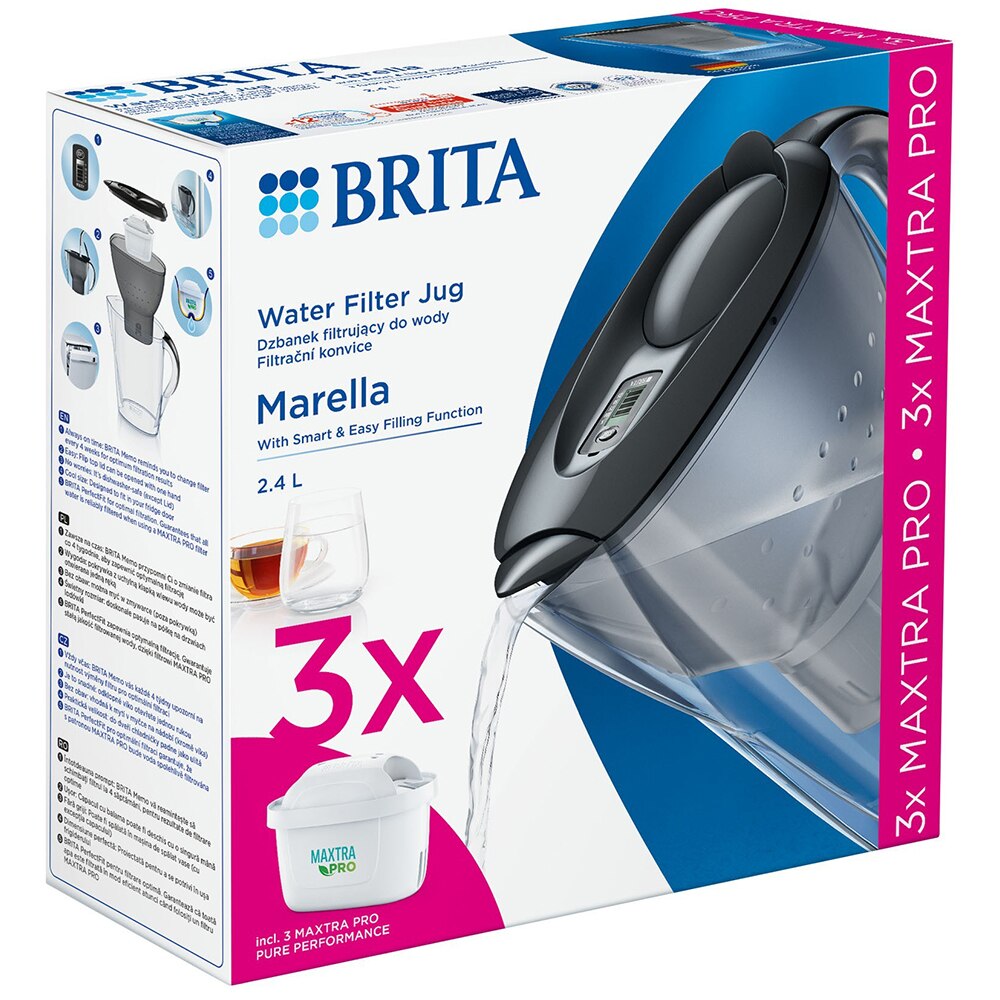 Cana filtranta BRITA Marella + 3 filtre Maxtra Pro BR1052796, 2.4l, gri-transparent