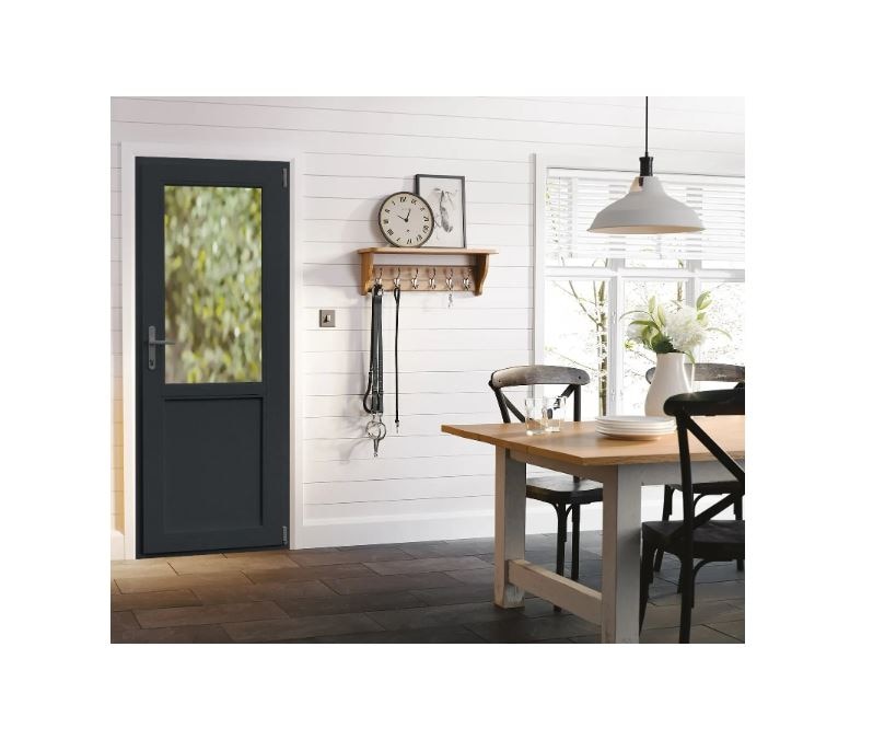 Usa termopan PVC exterior, batanta, cu geam, 4 C, 2/3, gri, dreapta, simpla deschidere, 88 x 205 cm  Aplast