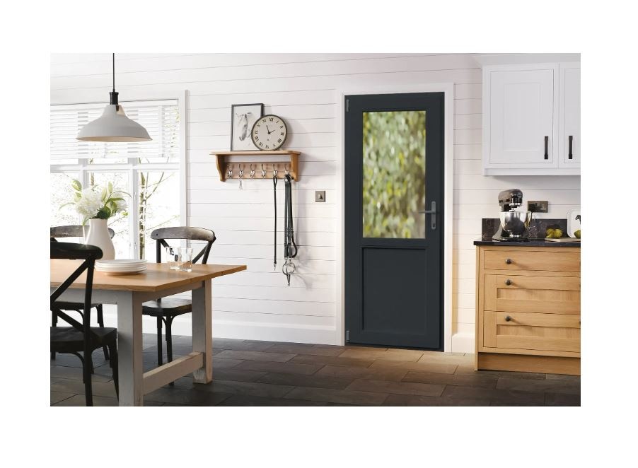 Usa termopan PVC exterior, batanta, cu geam, 4 C, 2/3, gri, stanga, simpla deschidere, 88 x 205 cm  Aplast