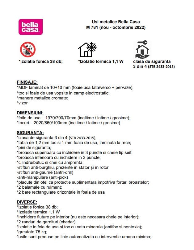 Usa de intrare pentru apartament, metalica, antracit, stanga, 202 x 89 cm  Bella Casa M 781