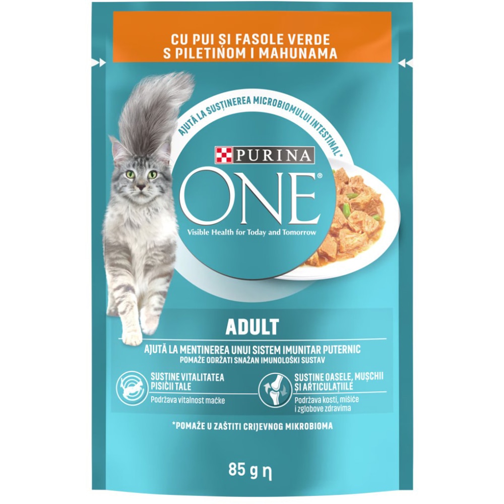 Hrana umeda pentru pisici PURINA ONE, Adult, Pui si fasole verde, 85 g