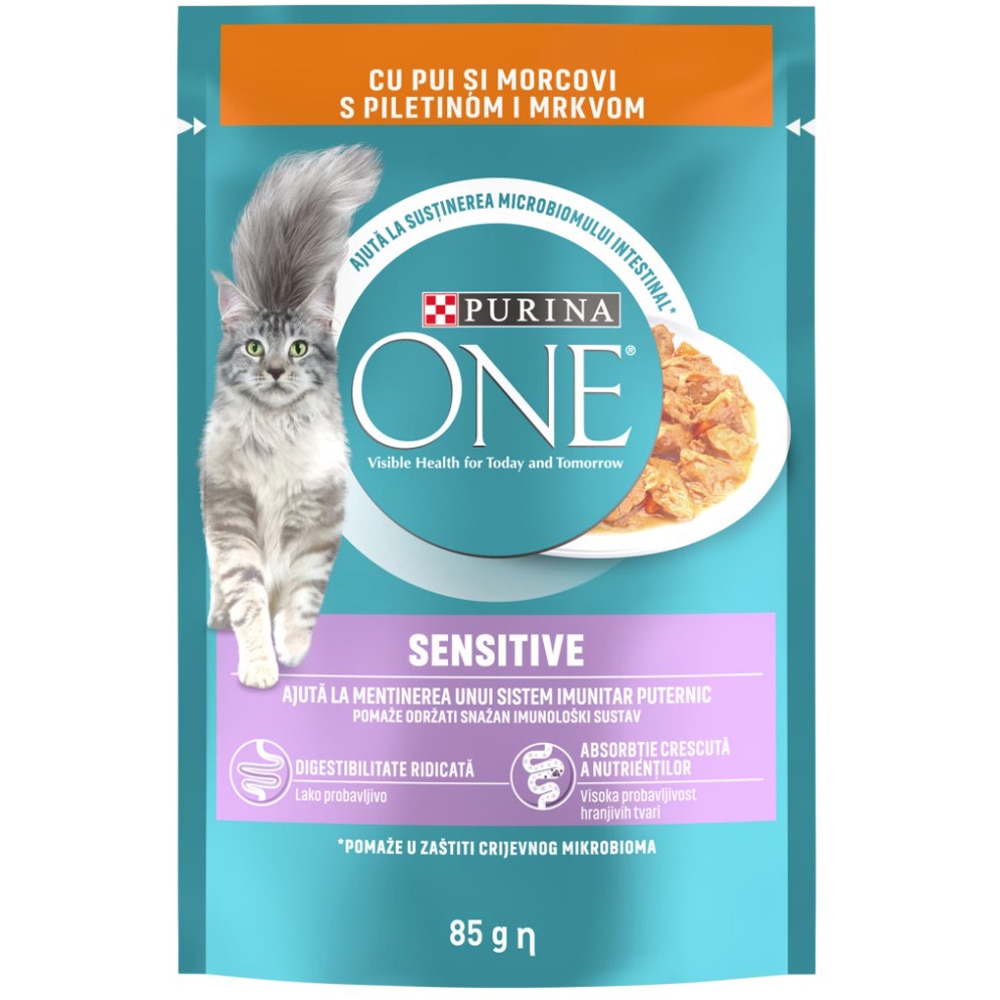 Hrana umeda pentru pisici PURINA ONE Sensitive, Pui si morcov, 85 g