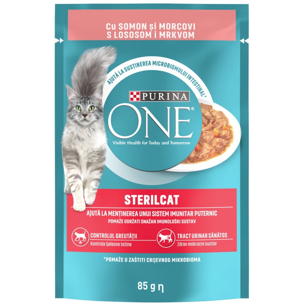Hrana umeda pentru pisici PURINA ONE Sterilcat, Adult, Somon si morcov, 85 g