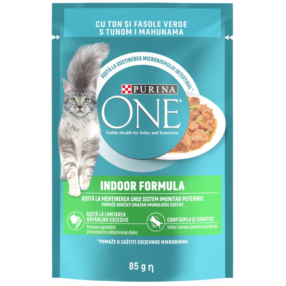 Hrana umeda pentru pisici PURINA ONE Indoor, Ton si fasole verde, 85 g
