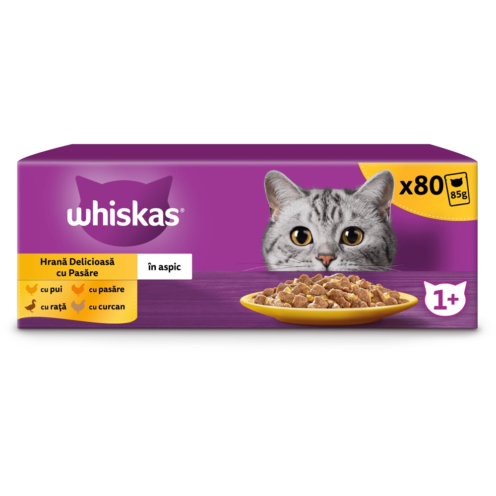 Hrana umeda pentru pisici WHISKAS, Adult, Pasare in aspic, 80 x 85g