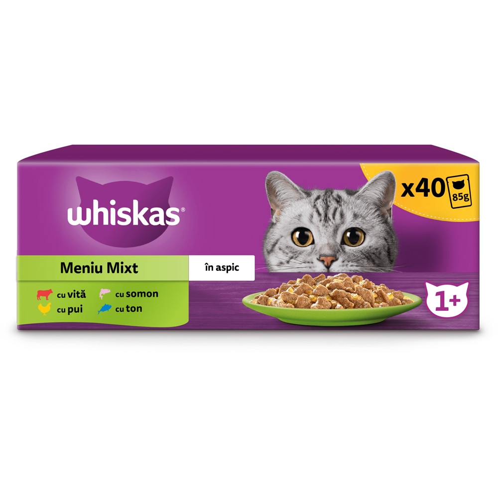 Hrana umeda pentru pisici WHISKAS Meniu Mixt, Adult, Carne in aspic, 40 x 85g