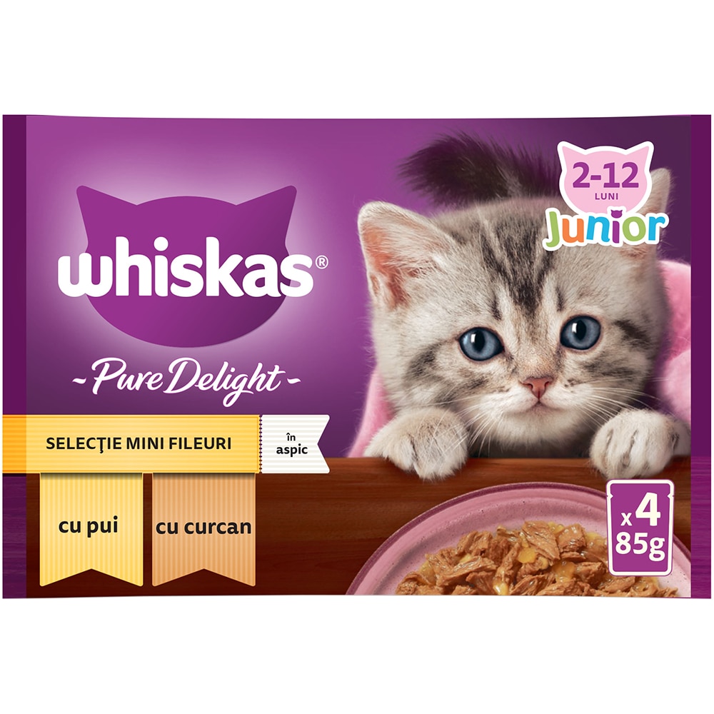 Hrana umeda pentru pisici WHISKAS Pure Delight, Junior, Pui si curcan, 4 x 85 g