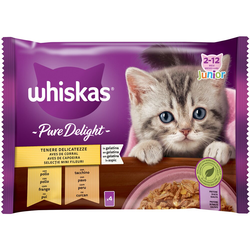 Hrana umeda pentru pisici WHISKAS Pure Delight, Junior, Pui si curcan, 4 x 85 g