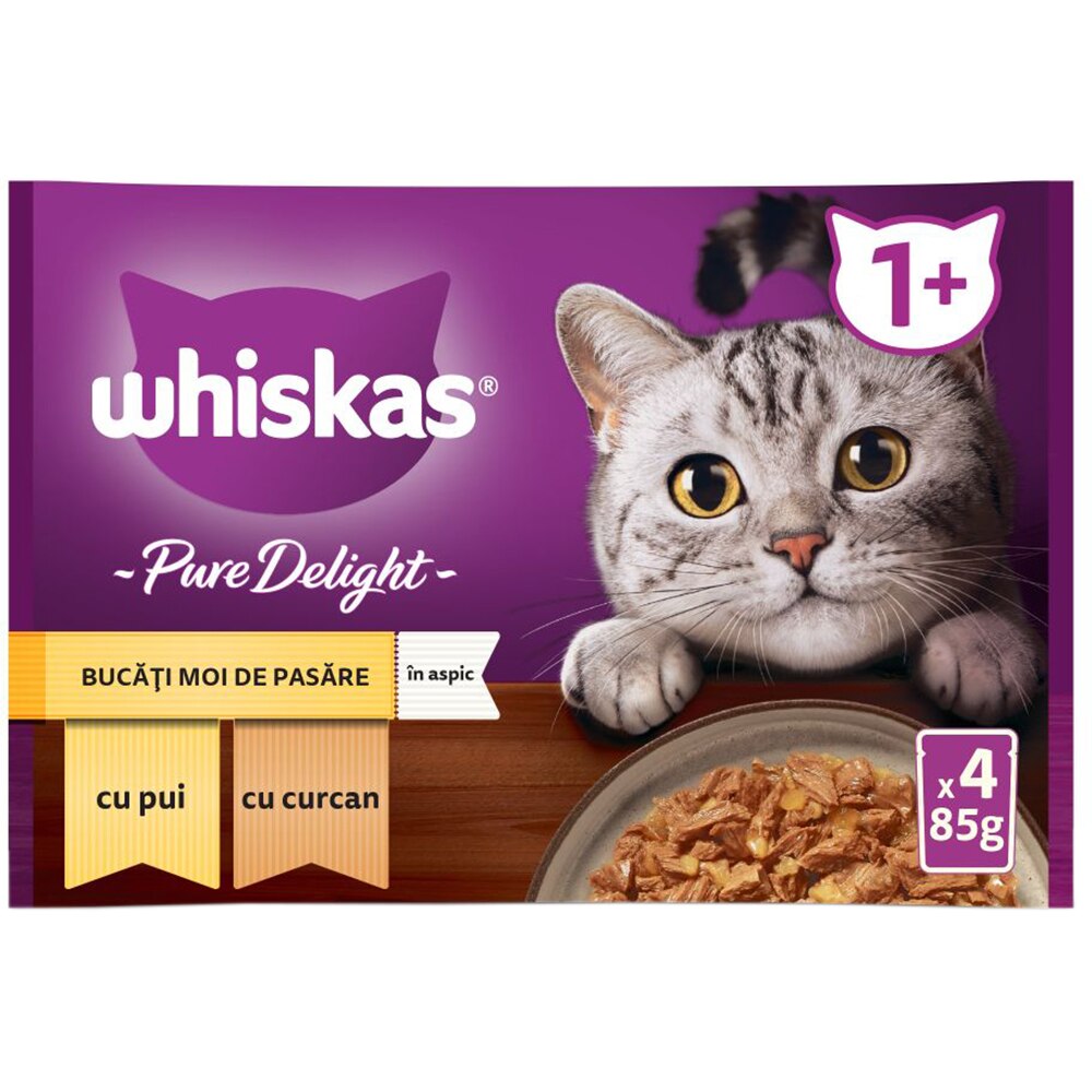 Hrana umeda pentru pisici WHISKAS Pure Delight, Adult, Pui si curcan, 4 x 85g