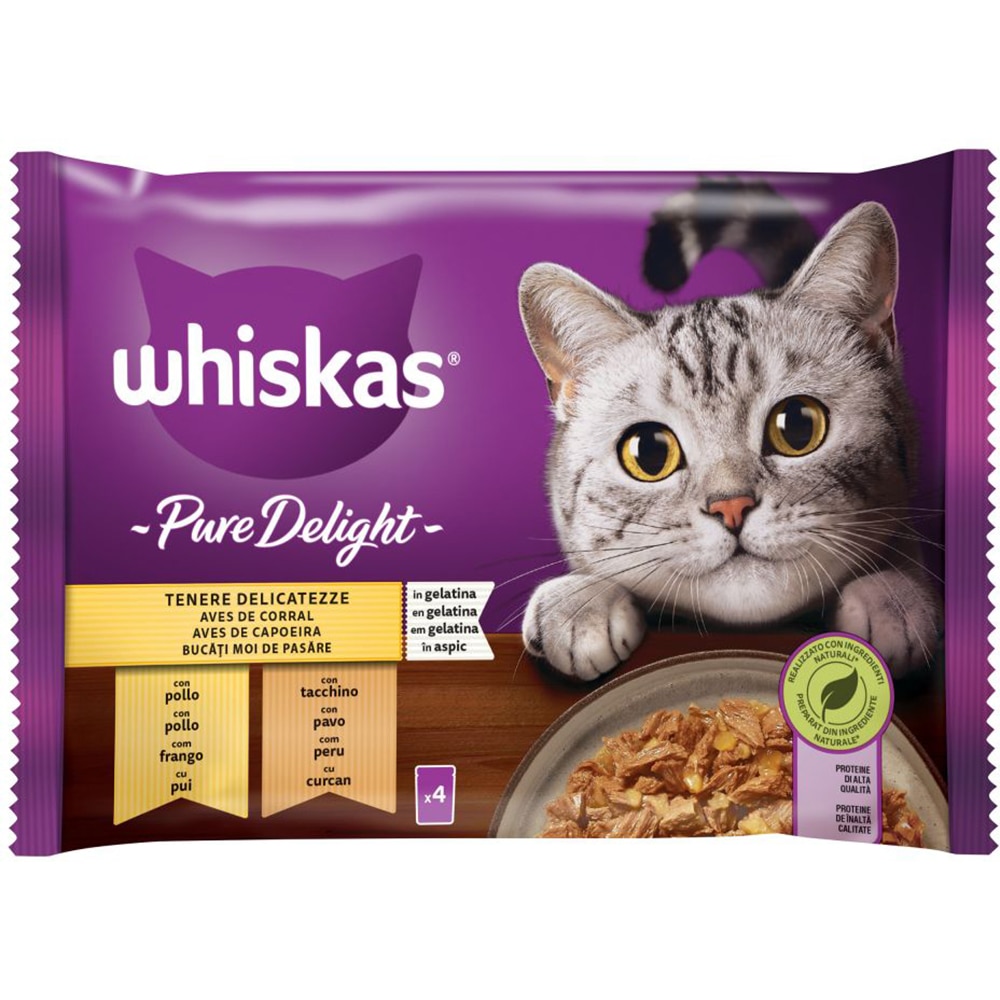Hrana umeda pentru pisici WHISKAS Pure Delight, Adult, Pui si curcan, 4 x 85g